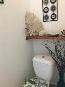 a bathroom with a toilet with a shelf on the wall at Kazasoley in Le Gosier
