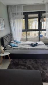 - une chambre avec un grand lit et une fenêtre dans l'établissement Apartament Mili, à Międzyzdroje