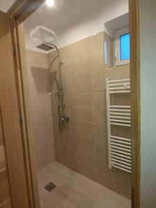 bagno con doccia e porta in vetro di Csengő Vendégház a Kiskőrös
