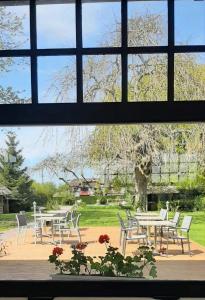 uma vista para mesas e cadeiras a partir de uma janela em Logis Auberge des Aulnettes em Houlgate