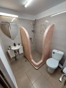 a bathroom with a shower and a toilet and a sink at 3M Vila in 2 Mai