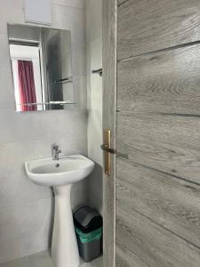 a bathroom with a sink and a mirror and a door at Pensiunea Eden in Sinaia