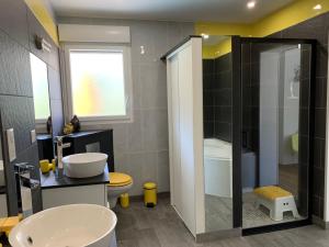 une salle de bain avec un lavabo, une douche et des toilettes dans l'établissement Gites La Baie des Remparts Meublé Le Hâble d'Ault, à Ault 31 autres photos