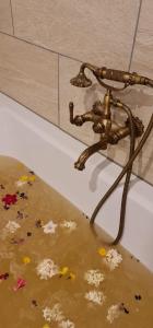 eine Badewanne mit schmutzigem Wasser und einem Wasserhahn in der Unterkunft Dreisessel Motel in Haidmühle