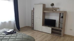 a bedroom with a entertainment center with a flat screen tv at Apartament Mario in Rădăuţi +3 photos