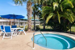 uma piscina com mesa e cadeiras e palmeiras em Baymont by Wyndham Daytona Beach - Intl Speedway em Daytona Beach
