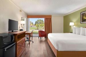 a hotel room with a bed and a desk and a television at Baymont by Wyndham Daytona Beach - Intl Speedway in Daytona Beach