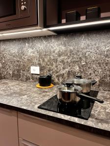 two pots on a stove in a kitchen at DeGasperi Studio Apartment in Trani +9 photos
