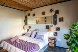 a bedroom with a large bed with purple pillows at Bedrock Guest Studios in Strand