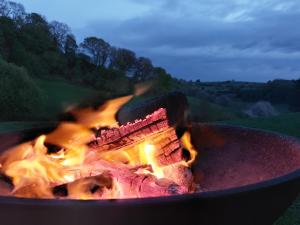 un fuego en una parrilla con llamas en ella en Usk Valley Shepherd's Hut, en Cwmbran