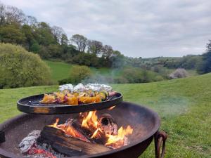 zwei Tabletts Essen auf einem Grill mit Feuer in der Unterkunft Usk Valley Shepherd's Hut in Cwm-brân