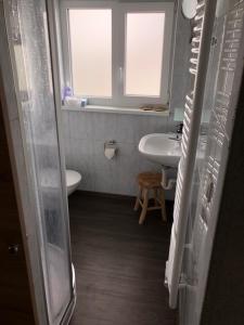 a bathroom with a sink and a toilet and a window at Appartement Sonnenstrahl Ferienhaus Fuenf Sinne in Döbriach