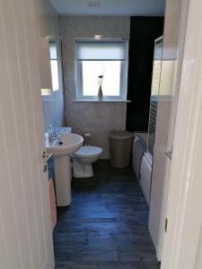 een badkamer met een wastafel, een toilet en een raam bij Rural Cosy Three Bedroom Cottage in Girvan