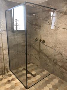 a shower with a glass door in a bathroom at לאורה in Umm el Shuf