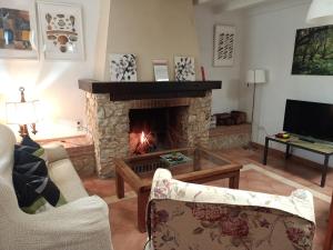 a living room with a fireplace and a tv at Alojamientos Cabezo del Gato in Aracena