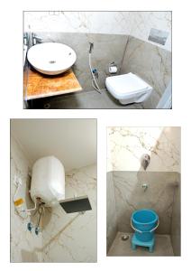 - deux photos d'une salle de bains avec lavabo et toilettes dans l'établissement Hotel R Inn Yercaud, à Yercaud