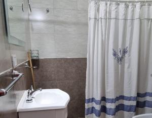 a bathroom with a sink and a shower curtain at Departamento Sinsacate in Sinsacate