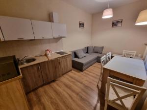 a kitchen and living room with a couch and a table at Przystanek Podgórze in Duszniki Zdrój