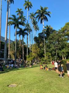 un grupo de personas sentadas en un parque con palmeras en Apartamentozonasul, en Río de Janeiro