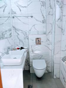 ein weißes Badezimmer mit Toilette und Waschbecken in der Unterkunft Ragias Studios in Planos