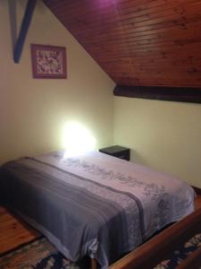 una camera con un letto in una stanza con soffitto in legno di LES GITES D'AVEZE ad Avèze