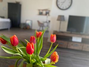 a vase with red flowers in a living room at Beach54 Damp Wellness-Loft in Damp