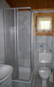 a bathroom with a shower and a toilet and a sink at Ferienhaus Nr 28, Typ A, Feriendorf Jägerpark, Bayerischer Wald in Viechtach