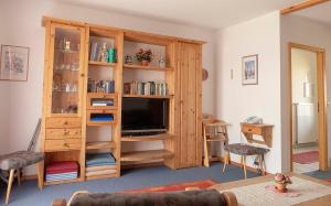 ein Wohnzimmer mit einem TV und einem Bücherregal in der Unterkunft Ferienhaus Nr 124, Typ A, Feriendorf Hochbergle, Allgäu in Karlsebene