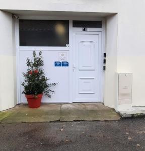 une porte blanche avec une plante devant elle dans l'établissement Cosy Green Clim Wifi Centre ville 2 pers, à Lézignan-Corbières