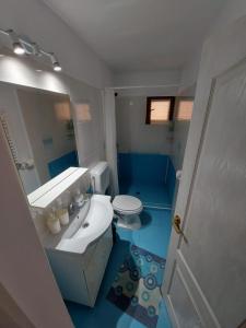 La salle de bains est pourvue d'un lavabo blanc et de toilettes. dans l'établissement Casa Sarti, à Eşelniţa