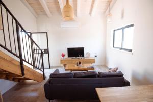 uma sala de estar com um sofá e uma televisão em Tavor zimmer אירוח כפרי מול נוף תבור em Daverat