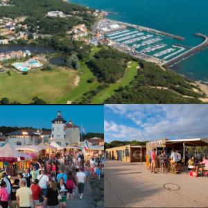 uma colagem de fotos com pessoas caminhando em um cais e uma praia em Appartement vue sur mer em Talmont