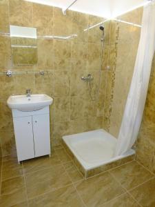 W łazience znajduje się umywalka i prysznic. w obiekcie Kamilla Vendégház w mieście Sárospatak