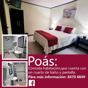 a poster of a hotel room with a bed and a bathroom at Casa Colima in Isla de Tibás