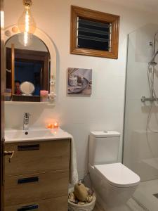 ein Badezimmer mit einem WC, einem Waschbecken und einem Spiegel in der Unterkunft La Peñona, Carancos48, Nava in Nava