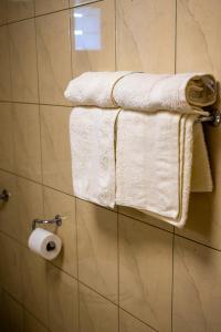 a bathroom with white towels and a roll of toilet paper at Apartments Krašna in Postojna