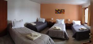 una camera d'albergo con tre letti e un divano di Mysten Kepen B&B a Ushuaia