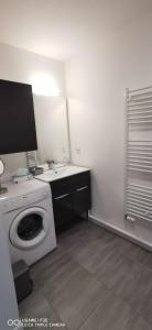 a bathroom with a washing machine and a sink at Charmant appartement in Saint-Gervais-les-Bains