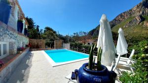 a blue swimming pool with an umbrella and a cactus at VFH Villa Flavia Eco B&B - 50 metri dal mare in Santa Flavia +103 photos