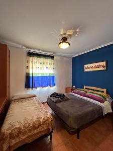 Duas camas num quarto com paredes azuis e uma janela. em Vivienda Rural Villa Ruben em Jaén
