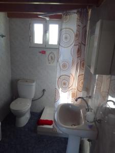 a small bathroom with a toilet and a sink at Studios ΣΤΟΥΣ ΠΥΡΓΟΥΣ ΘΕΡΜΗΣ in Mytilene +54 photos