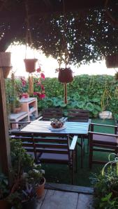 a table and chairs in a garden with plants at La casita de la playa in Gran Alacant