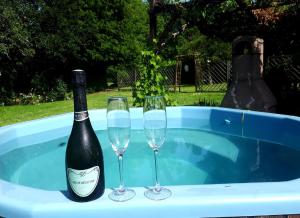 a bottle of wine and two glasses in a hot tub at La Belle Grange Bussiere in Bussière-Portevine