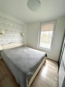 a bedroom with a bed and a window at Centre Apartment in Druskininkai
