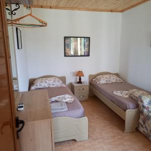 a bedroom with two beds and a table with a lamp at Mustafaraj Apartments Ksamil in Ksamil