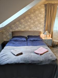 ein Schlafzimmer mit einem Bett mit zwei Handtüchern darauf in der Unterkunft Agroturystyka Klimat in Bircza