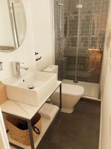 a bathroom with a sink and a toilet and a mirror at Moderno alojamiento completo en pleno centro de Zaragoza in Zaragoza