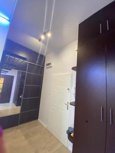 Habitación con armario y puerta de cristal. en Apartament Czos, en Mrągowo