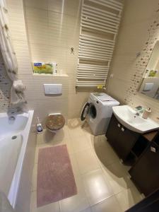 Un baño con lavabo y lavadora. en Apartament Czos, en Mrągowo