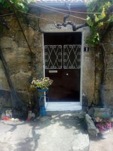una puerta en un edificio de piedra con una planta delante en Pedregulho Experience, en Caldeirinhas